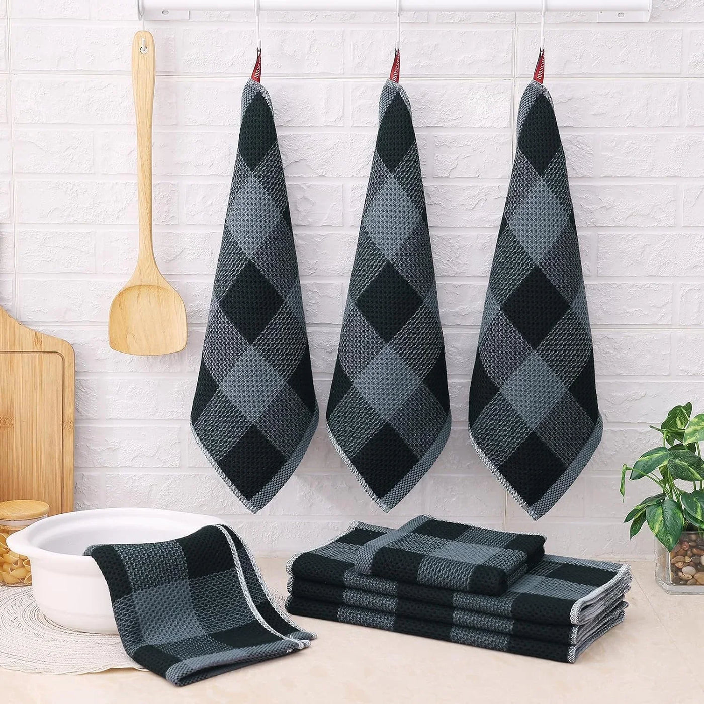 Kitchen Towels and Dishcloths Set, 12 X 12 and 13 X 28 Inches, Set of 12 100% Cotton Waffle Weave Check Plaid Kitchen Dish Towels, Super Soft and Absorbent Dish Cloths, Black & Grey