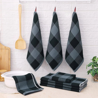 Kitchen Towels and Dishcloths Set, 12 X 12 and 13 X 28 Inches, Set of 12 100% Cotton Waffle Weave Check Plaid Kitchen Dish Towels, Super Soft and Absorbent Dish Cloths, Black & Grey