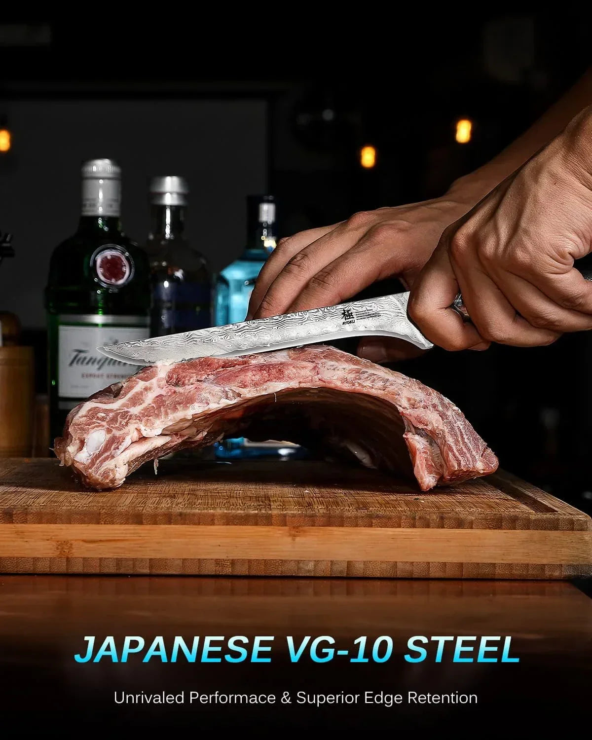 Japanese VG-10 steel chef knife slicing raw ribs on wooden cutting board, premium kitchen tool