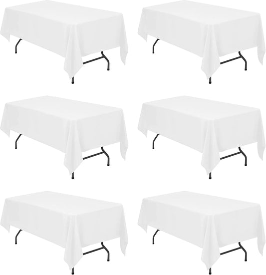 6 Pack White Tablecloths 60 X 102 Inch for 6Ft Rectangle Tables - 150 GSM Polyester Fabric, 15" Standard Drop, Water, Stain & Wrinkle Resistant Cloth Cover for Wedding Banquet Dining Buffet