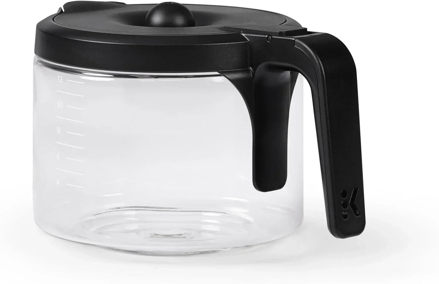 Clear glass coffee carafe with black lid and handle, measurement markings for kitchen use
