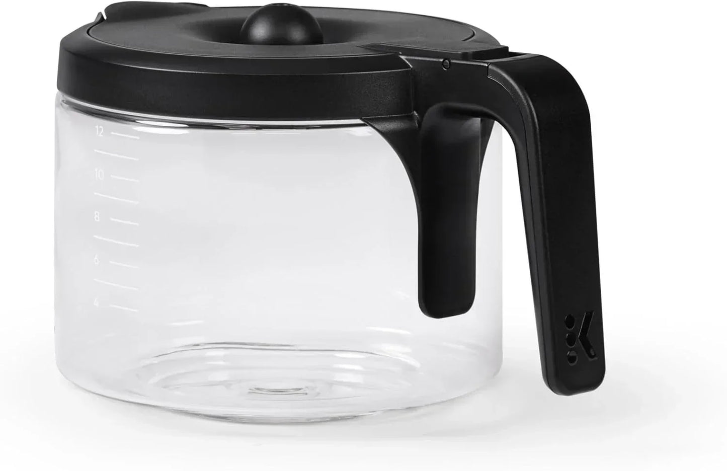 Clear glass coffee carafe with black lid and handle, measurement markings for kitchen use