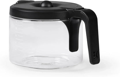 Clear glass coffee carafe with black lid and handle, measurement markings for kitchen use