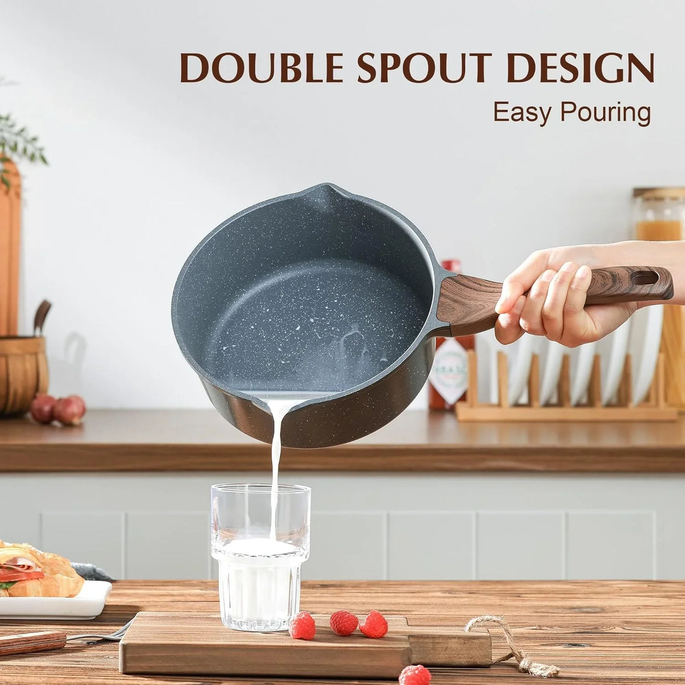 Nonstick Sauce Pan with Double Spout, 3.0 Quarts Swiss Granite Coating Sauce Pot with Lid Medium Kitchen Cooking Pot, Induction Comptable Saucepan, Free of Intentionally Added PFOA