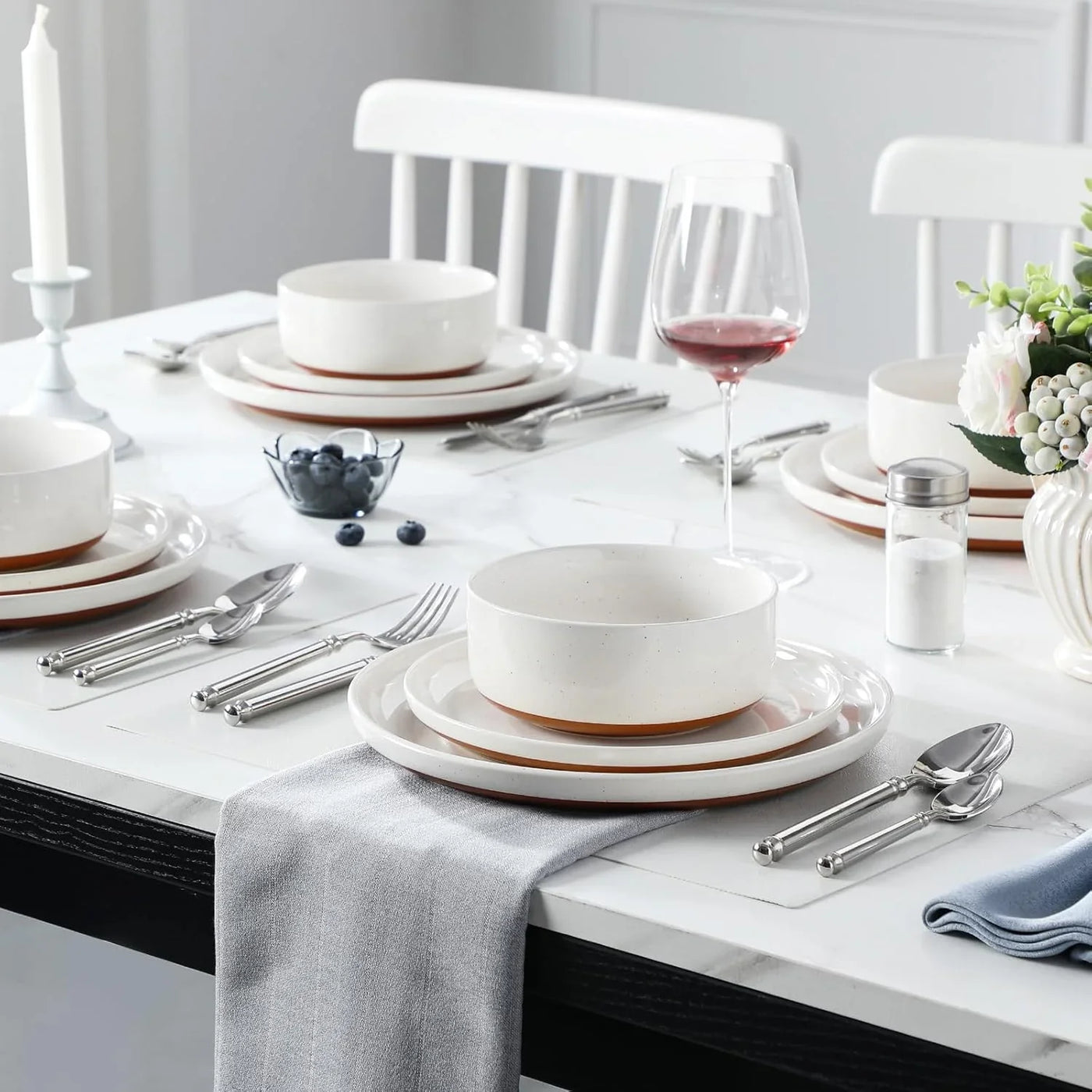 Plates and Bowls Sets, 12 Pieces Modern Stoneware Dinnerware Set for 4 Kitchen Dinner Set Ceramic Dishware Dishes Set Microwave and Dishwasher Safe, White, Series TARA