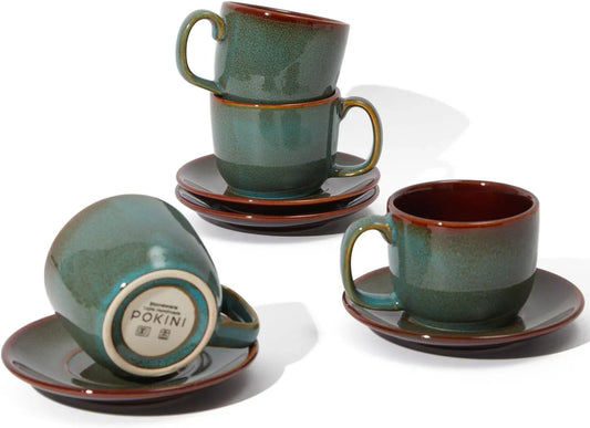 Stoneware Coffee Cups with Saucers, 6 Oz Cappuccino Cups Set of 4, Microwave & Dishwasher Safe, Perfect for Tea, Espresso, Latte, Ceramic Mugs for Kitchen or Cafe, Brown Green