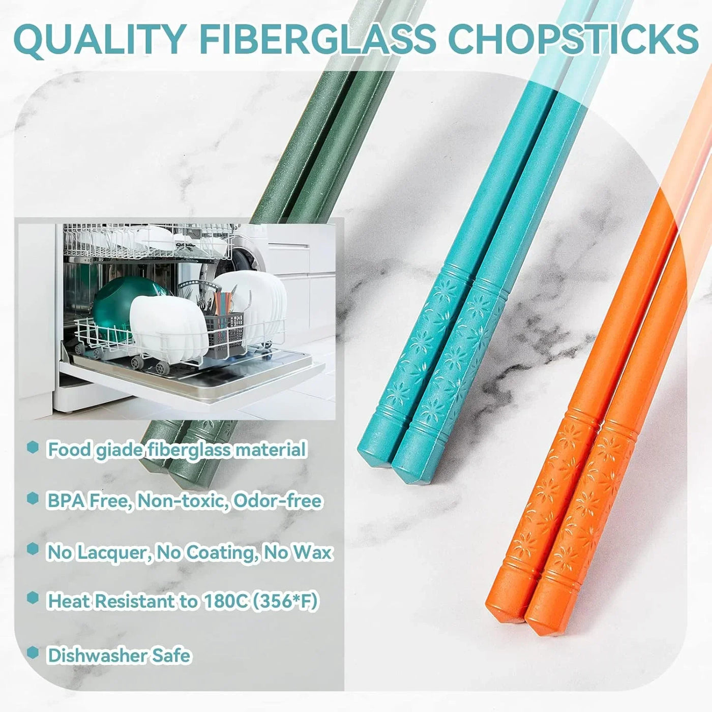 Colorful fiberglass chopsticks, dishwasher safe, heat resistant, BPA-free kitchen utensils on marble