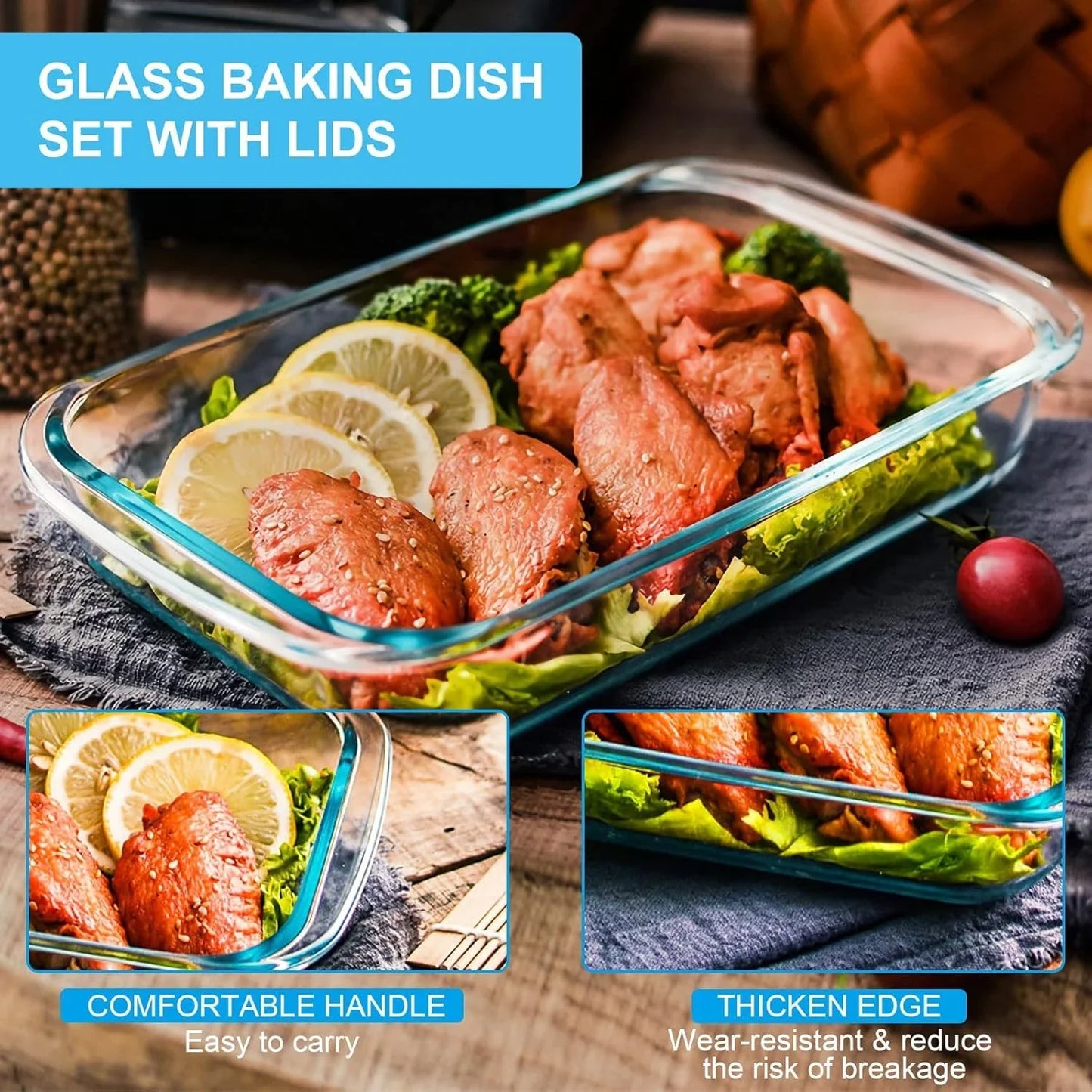 8 Pieces Glass Baking Dish with Lids Rectangular Glass Baking Pan Bakeware Set with Lids, Baking Pans for Lasagna, Leftovers, Cooking, Kitchen, Fridge-To-Oven, Gray