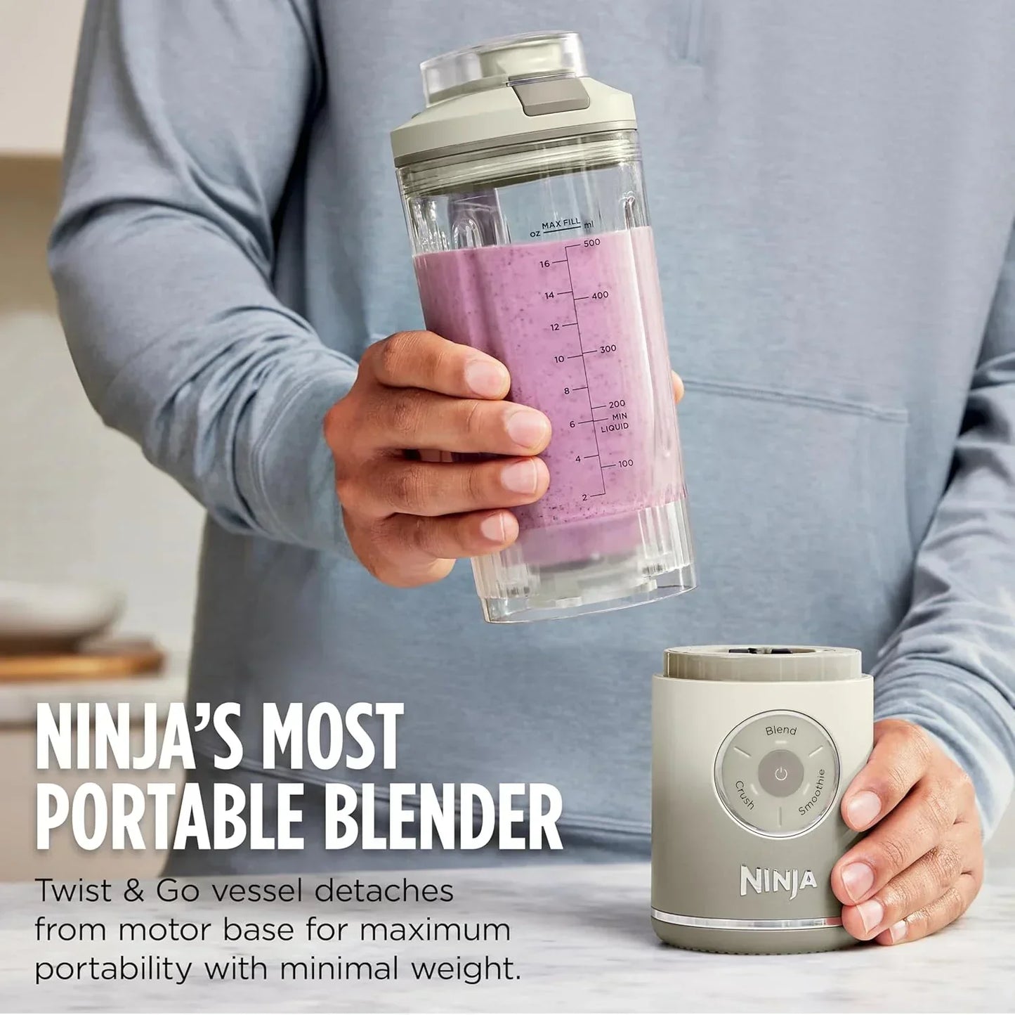 Portable blender with purple smoothie, twist-and-go design for easy blending on the go