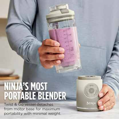 Portable blender with purple smoothie, twist-and-go design for easy blending on the go
