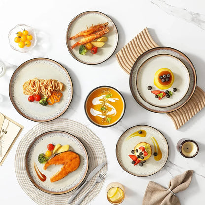 Plates and Bowls Sets, 24 Pieces Stoneware Dinnerware Sets for 8, Kitchen Dish Set Mircowave and Dishwasher Safe Ceramic Dishware, Light Cream, Series AMBER