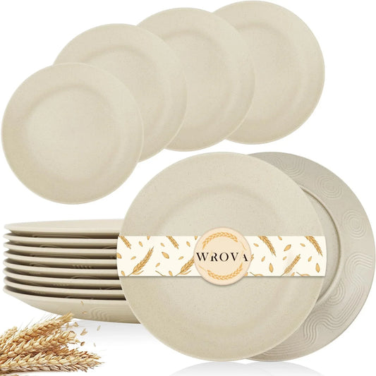 Wheat Straw Dinner Plates 9 Inch Unbreakable Set of 8 - Dishwasher & Microwave Safe Plastic Plates Reusable - Lightweight Plates for Kitchen,Camping,Salad,Appetizer - Beige