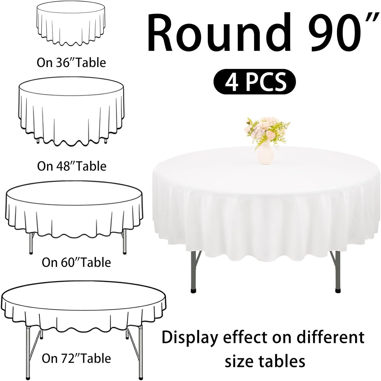 4 Pack round Tablecloth 90 Inch White Polyester Washable Decorative Fabric Table Covers for Wedding Dining Table Buffet Parties Banquet Decor