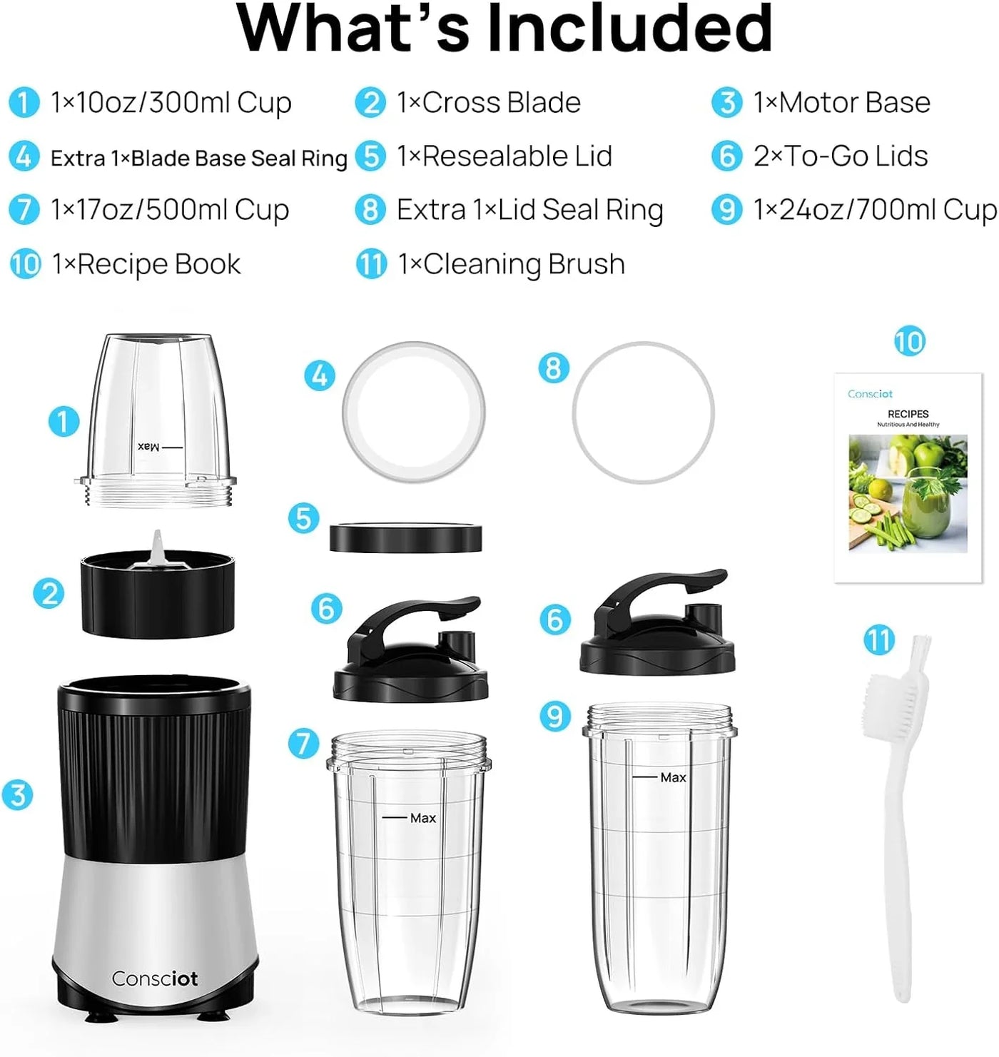 CB08 11-Piece Blender for Kitchen and Personal Size, Blend Shakes and Smoothies, Frozen Drinks, Baby Food, Spreads & More, 3 Portable To-Go Cups & 2 Spout Lids & 1 Solid Lid, 900 Peak Watts