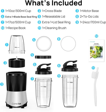 CB08 11-Piece Blender for Kitchen and Personal Size, Blend Shakes and Smoothies, Frozen Drinks, Baby Food, Spreads & More, 3 Portable To-Go Cups & 2 Spout Lids & 1 Solid Lid, 900 Peak Watts