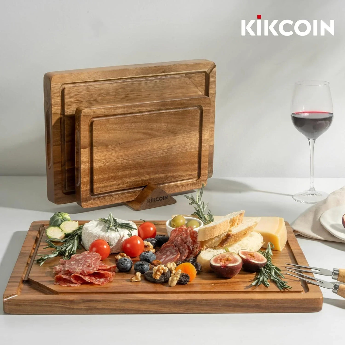 Wood Cutting Boards for Kitchen, 3 PCS Wooden Cutting Board Set with Holder, Chopping Board with Built-In Compartments and Juice Groove, Solid Charcuterie Board Serving Tray Wood Butcher Block