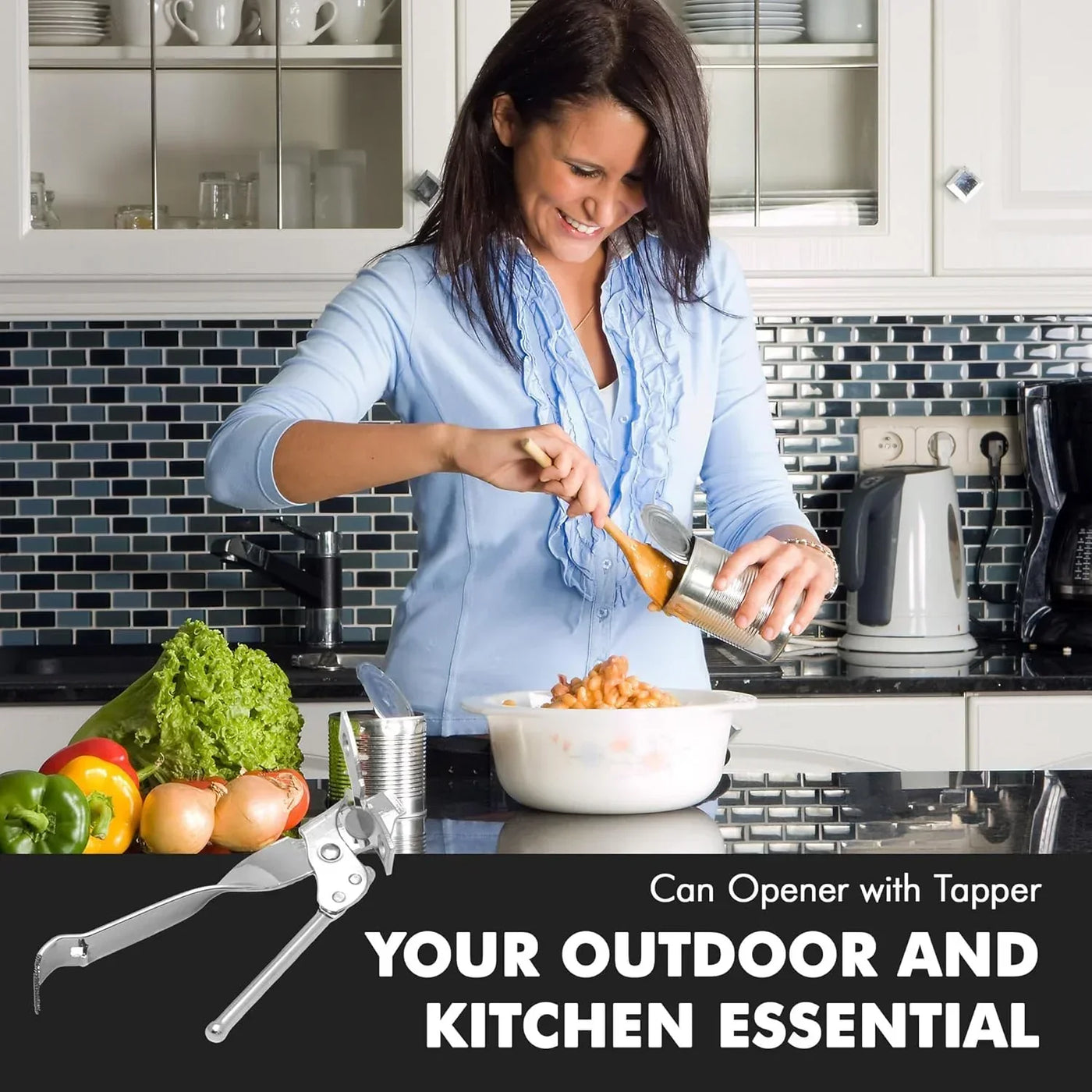 Can opener with tapper for kitchen and outdoor use, woman opening canned beans in modern kitchen