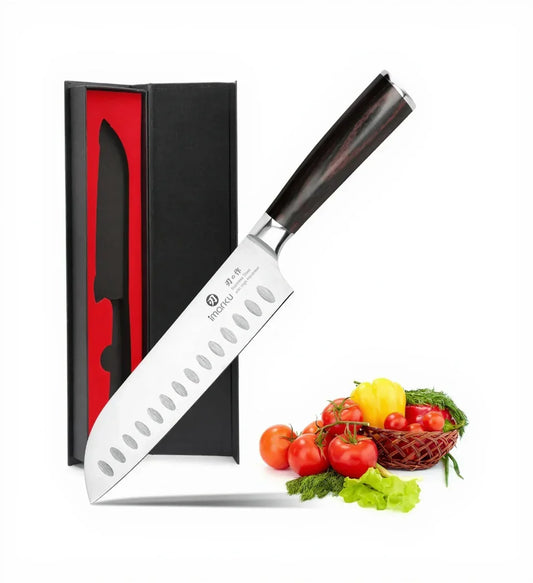 Chef knife with gift box and assorted fresh vegetables, kitchen tool for food prep