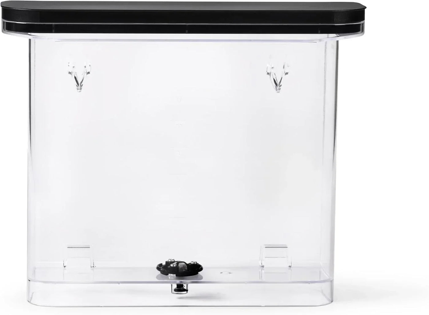 Clear plastic kitchen storage container with black lid and base, ideal for organized food storage and pantry organization.