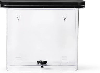 Clear plastic kitchen storage container with black lid and base, ideal for organized food storage and pantry organization.