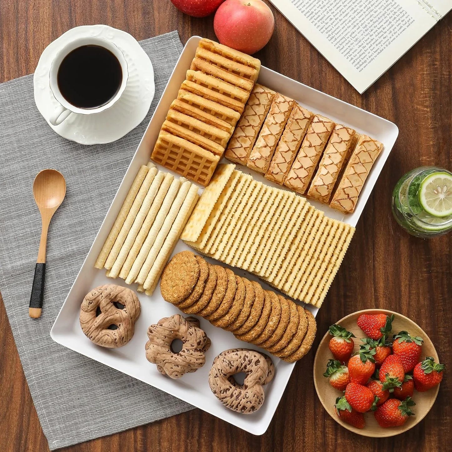 8 Pack, 16" X 11" Large White Serving Trays Set - Reusable Plastic Serving Platters for Cookie, Appetizer, Charcuterie, Snack, Dessert, Party Food Display - Stackable Kitchen Countertop Tray, BPA Free