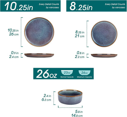 PLAYA Plates and Bowls Sets, 12 Pieces Grey-Blue Dinnerware Sets for Kitchen, Reactive Glaze Dishes Set for 4, Dishwasher and Microwave Safe