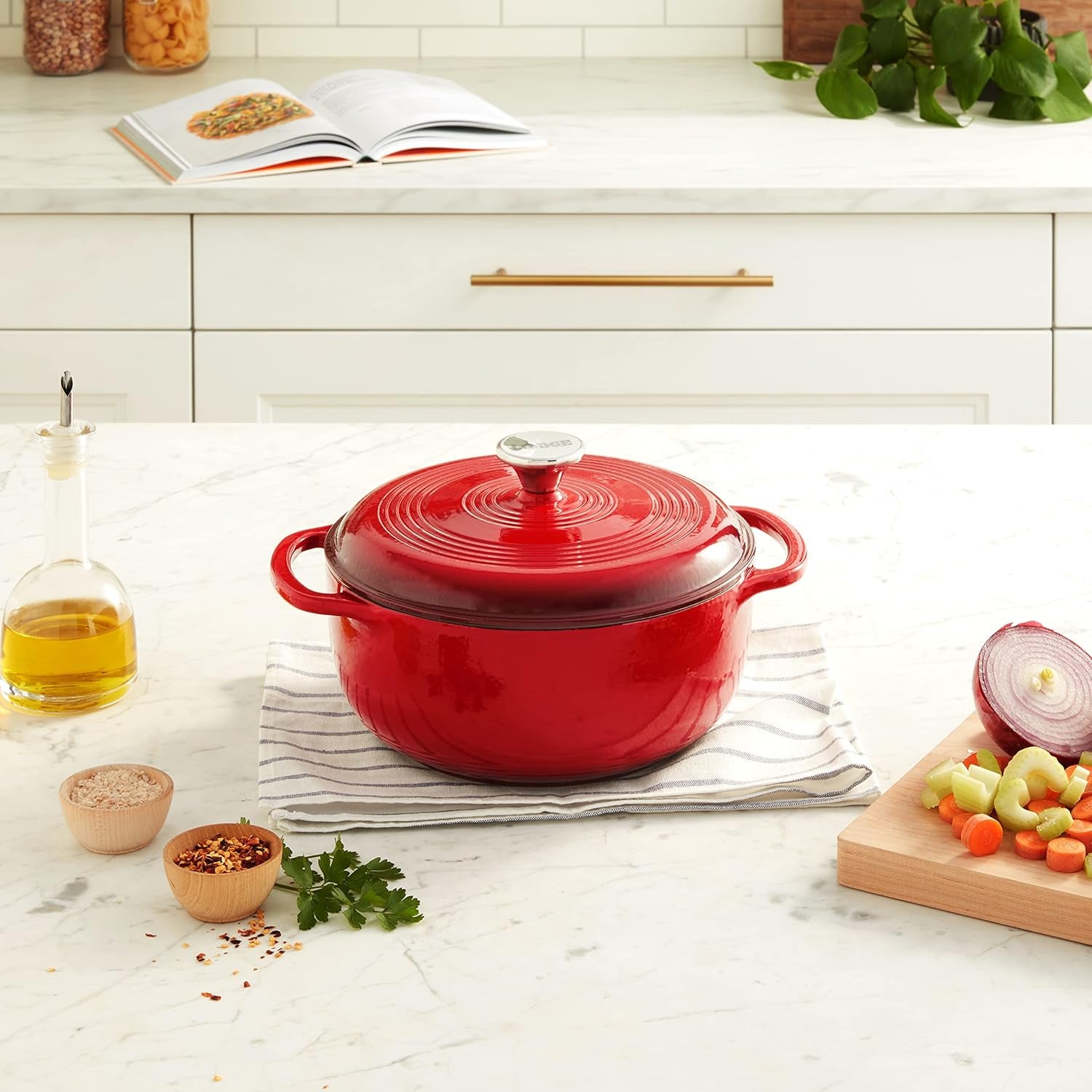 4.5 Quart Enameled Cast Iron Dutch Oven with Lid – Dual Handles – Oven Safe up to 500° F or on Stovetop - Use to Marinate, Cook, Bake, Refrigerate and Serve – Island Spice Red