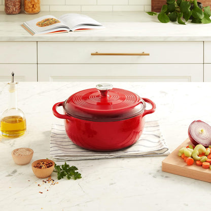 4.5 Quart Enameled Cast Iron Dutch Oven with Lid – Dual Handles – Oven Safe up to 500° F or on Stovetop - Use to Marinate, Cook, Bake, Refrigerate and Serve – Island Spice Red
