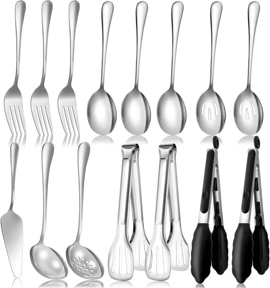 Serving Utensils Set for Partie, Silver Stainless Steel Metal Serveware Large Serving Spoons, Slotted Spoons, Forks, Tongs, Soup and Skimmer Spoon, Cake Server for Buffet, Catering, Entertaining 15Pcs