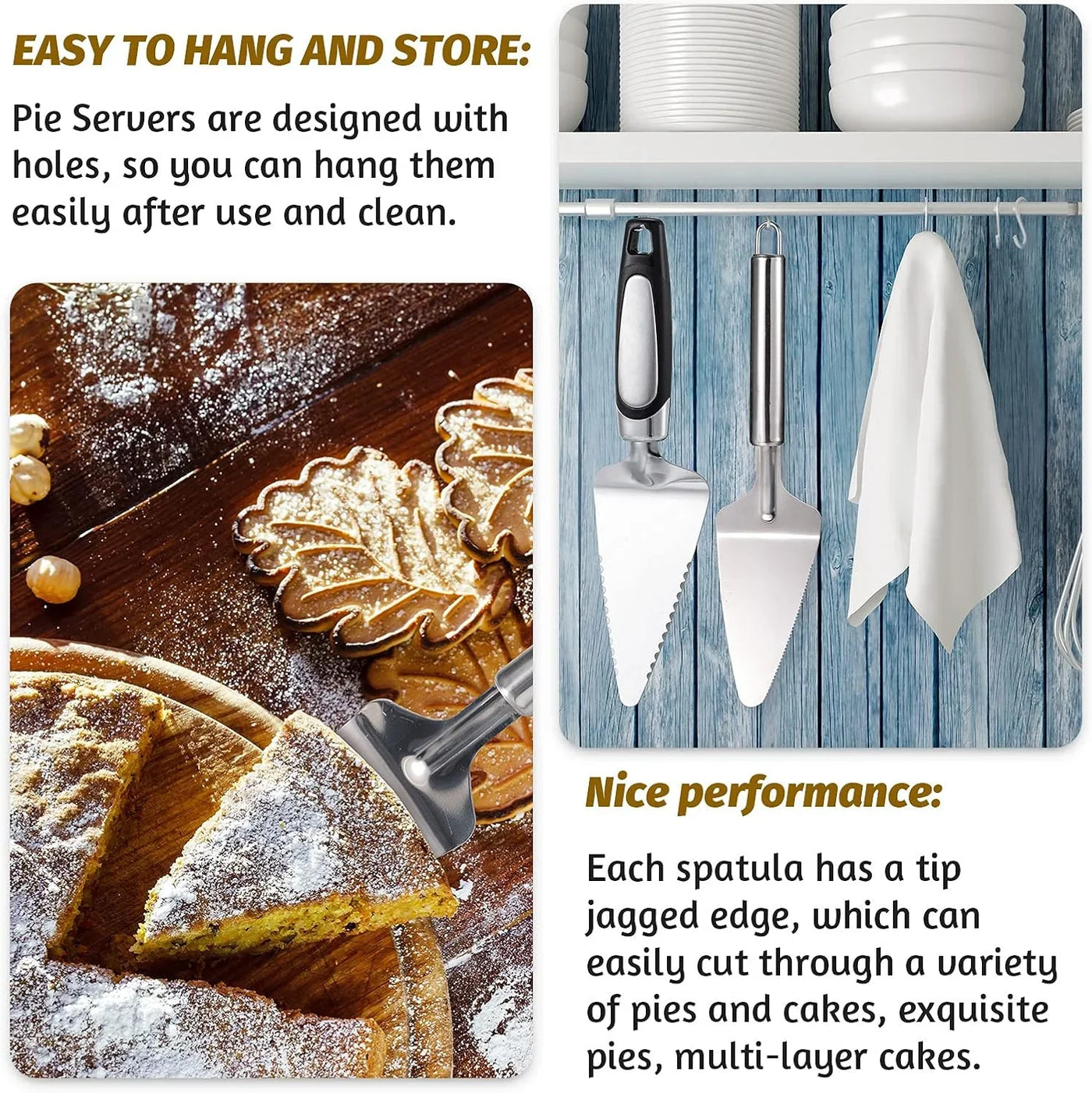 3 Pieces Pie Server Set Stainless Steel Pie Spatula Serrated with Comfortable Handle, Easy to Grip for Cutting and Serving Desserts Pizza and Cake