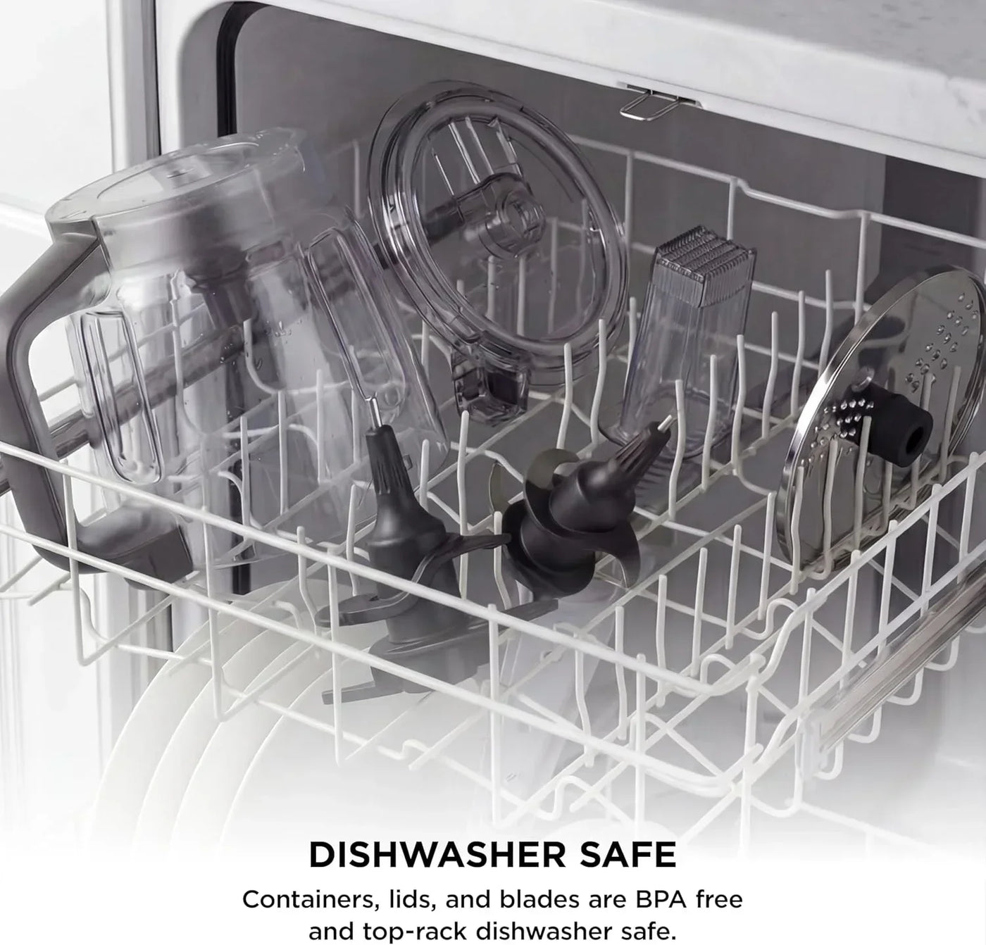 Dishwasher-safe food processor parts: BPA-free containers, lids, and blades on top rack