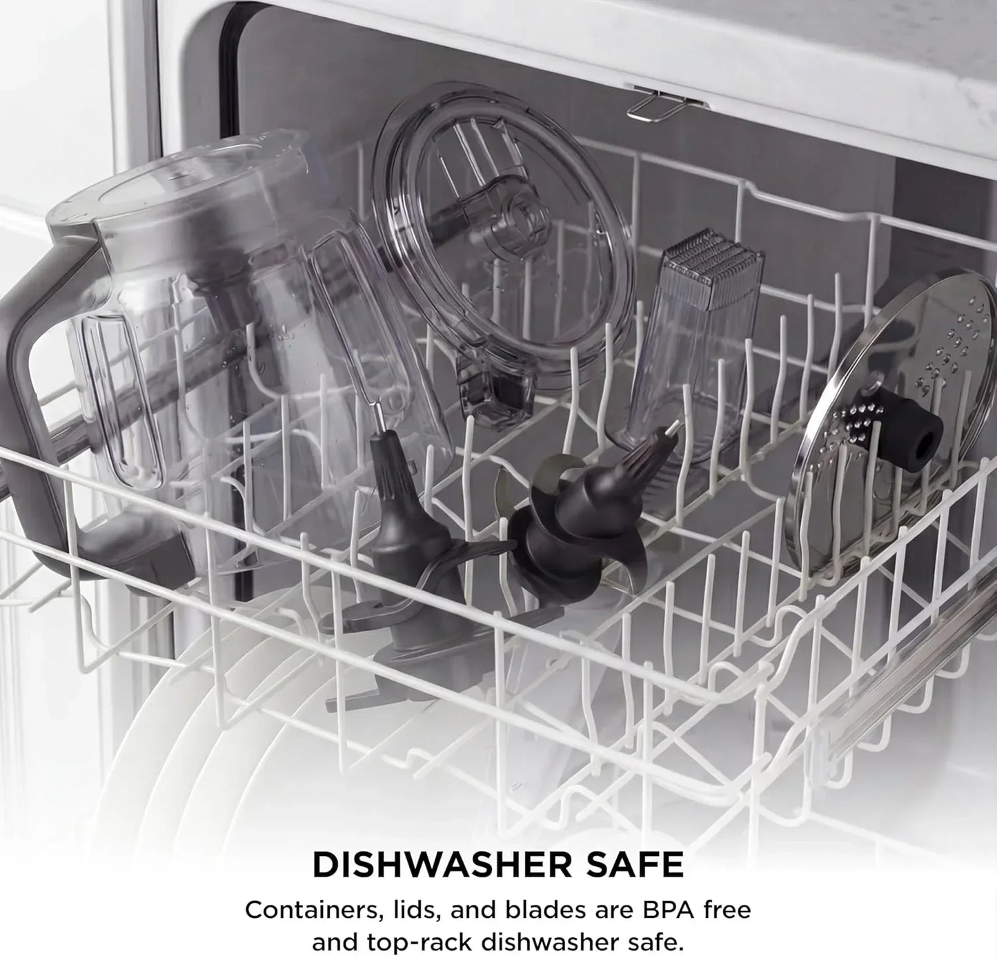 Dishwasher-safe food processor parts: BPA-free containers, lids, and blades on top rack