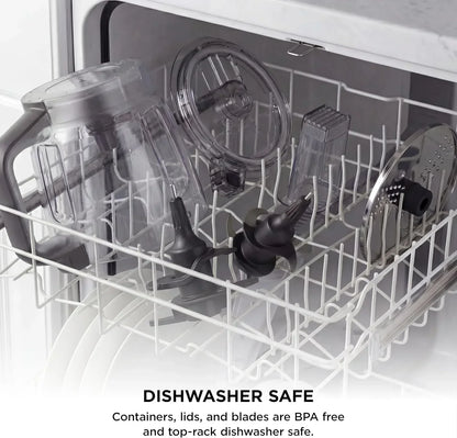 Dishwasher-safe food processor parts: BPA-free containers, lids, and blades on top rack