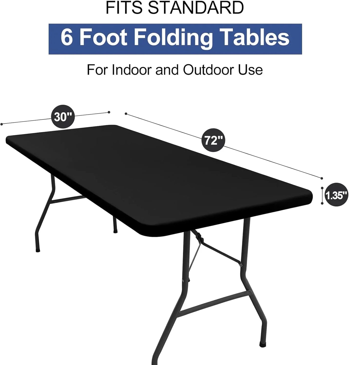 Rectangle Table Cloth Cover, Waterproof Polyester Elastic Fitted Tablecloth, Fits for 6 Foot Folding Tables, Washable Table Protector for Picnic, Camping, Outdoor (Black, 30" X 72")