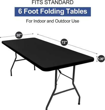 Rectangle Table Cloth Cover, Waterproof Polyester Elastic Fitted Tablecloth, Fits for 6 Foot Folding Tables, Washable Table Protector for Picnic, Camping, Outdoor (Black, 30" X 72")