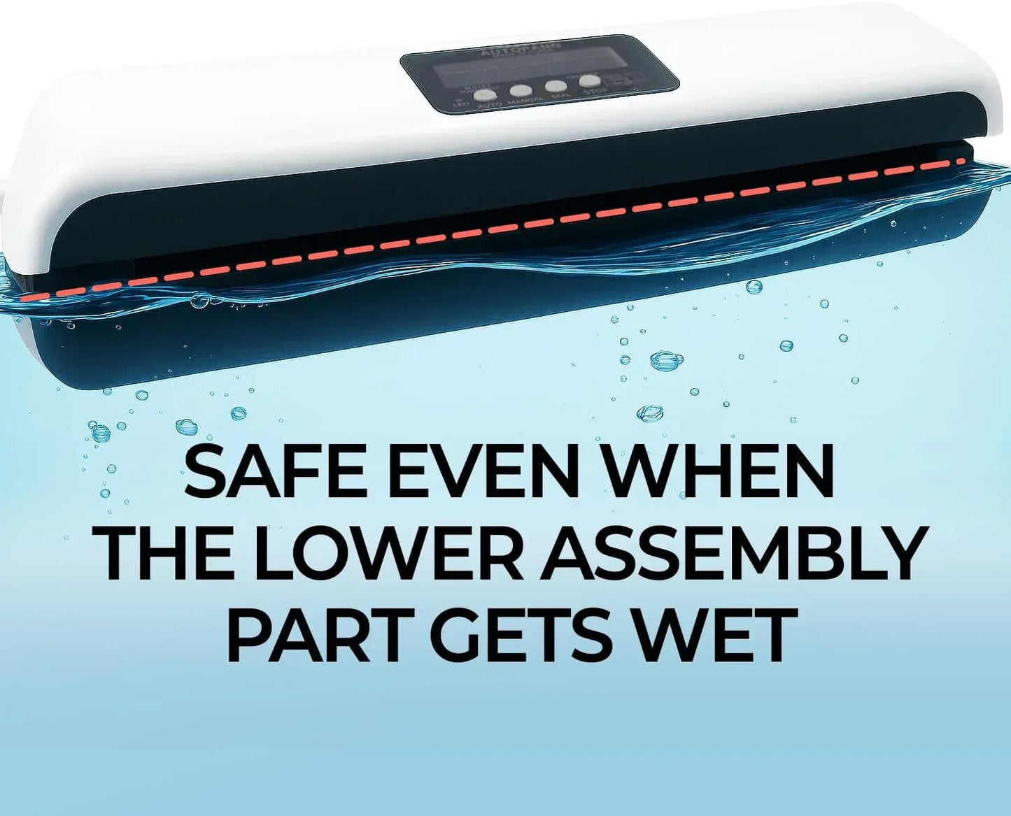Waterproof vacuum sealer with digital controls, safe for wet conditions, ideal for kitchen storage