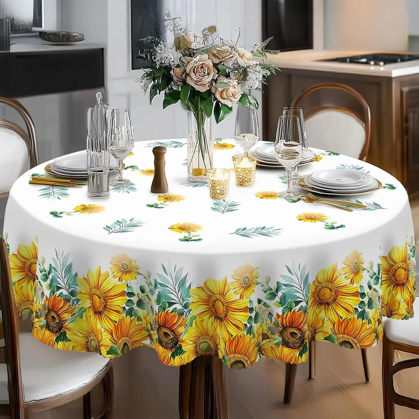 Sunflower round Tablecloth 60Inch,Tablecloth Waterproof and Wrinkle-Free, Boho Table Covers, Summer Decorations for Home