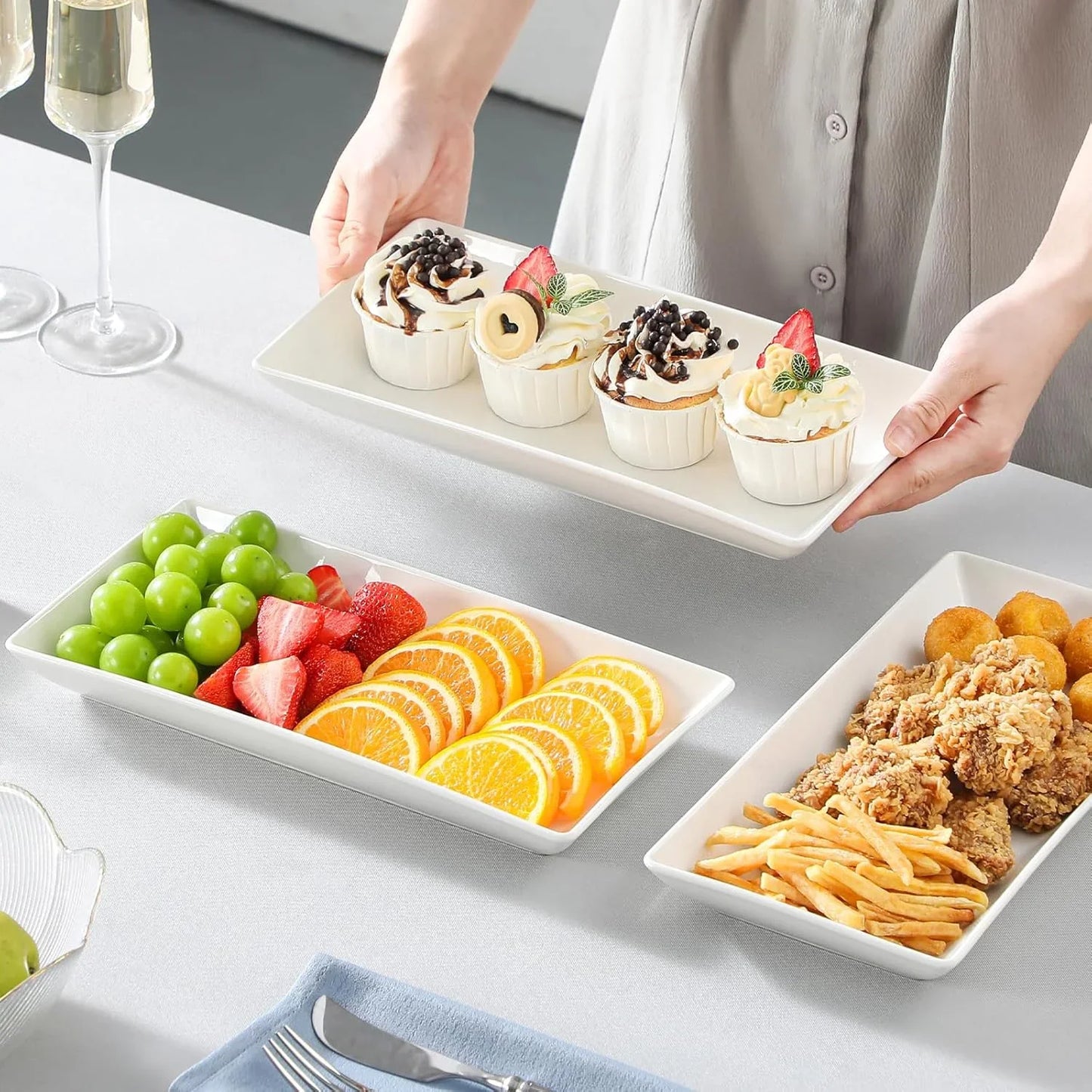 3 Tier Serving Trays for Party, Porcelain Serving Platters and Trays, 12 Inch Tiered Tray Stand, Fruit Tray, Trays for Serving Food, White Dessert Stand with Collapsible Sturdier Metal Rack
