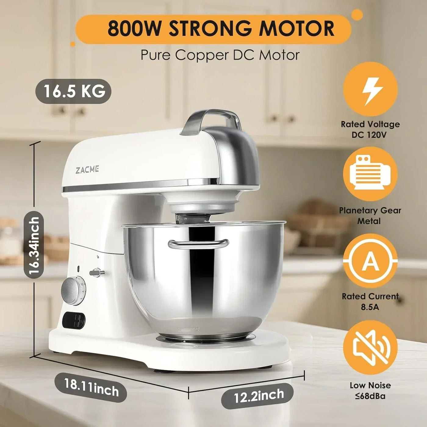 ZACME 800W stand mixer with copper motor, low noise, planetary gear, 16.5kg, 16.34in height