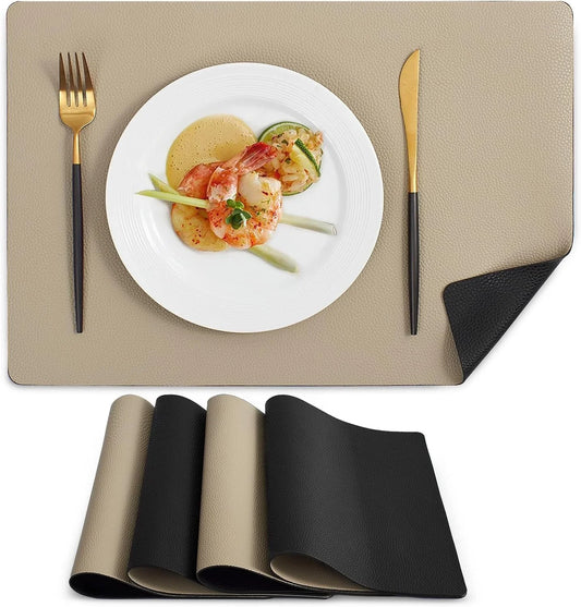 Vinyl Placemats Set of 4, Heat Resistant Place Mats 100% Waterproof Washable & Wipeable Faux Leather Reversible Table Mats for Kitchen Dining Party Indoor Outdoor, 12" X 17", Black/Khaki