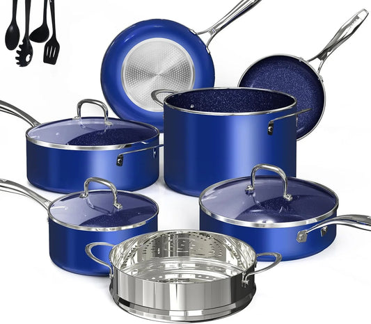 Deluxe  14PC Healthy Pots and Pan with 9H Anti-Scratch Coating, 2-Layer Non-Stick Ceramic&Pfas Free, Sensitively&Evenly Induction Cooking, Enhanced Flavor with Infrared Cookware, Dishwasher Safe