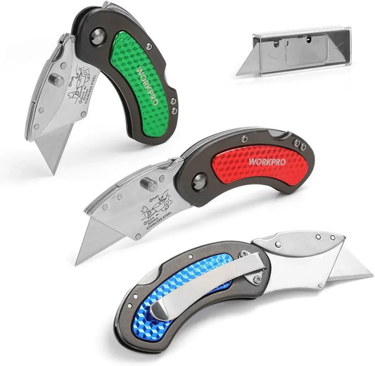 Folding Utility Knife Set Quick Change Blade, Back-Lock Mechanism 3-Piece with 10-Piece Extra Blades