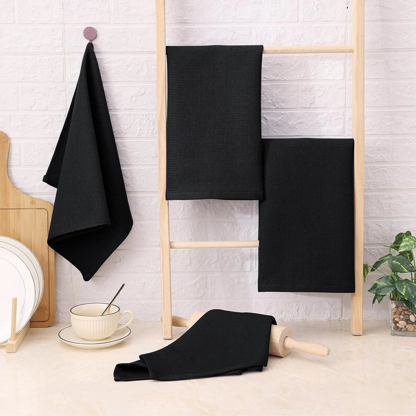 100% Cotton Waffle Weave Kitchen Towels - 4 Pack Soft and Absorbent Dish Towels - 16 X 26 Inches Quick Dry Hand Towels - Black
