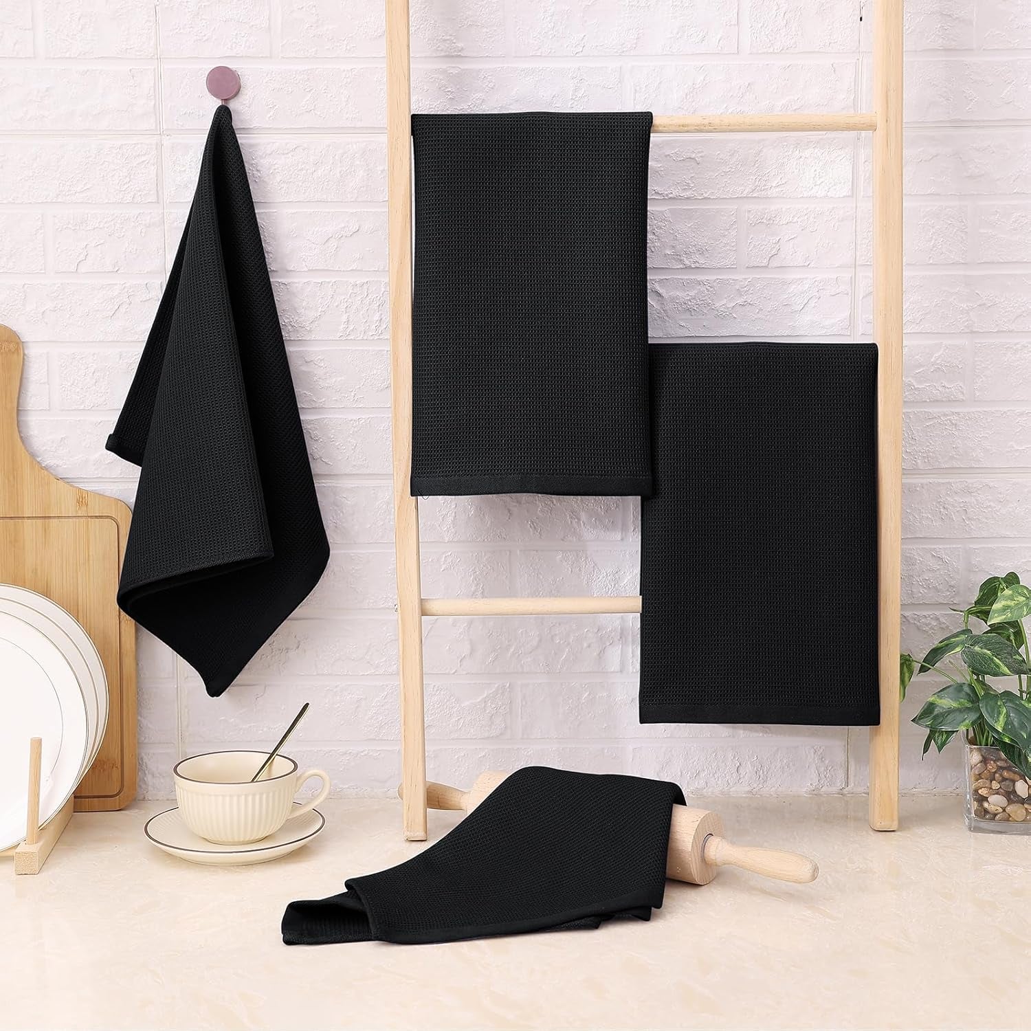 100% Cotton Waffle Weave Kitchen Towels - 4 Pack Soft and Absorbent Dish Towels - 16 X 26 Inches Quick Dry Hand Towels - Black