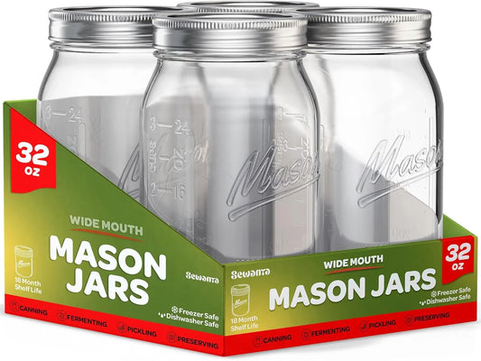 Wide Mouth Mason Jars 32 Oz [4 Pack] with Mason Jar Lids and Bands, Mason Jars 32 Oz - for Canning, Fermenting, Pickling - Jar Decor - Microwave/Dishwasher Safe.