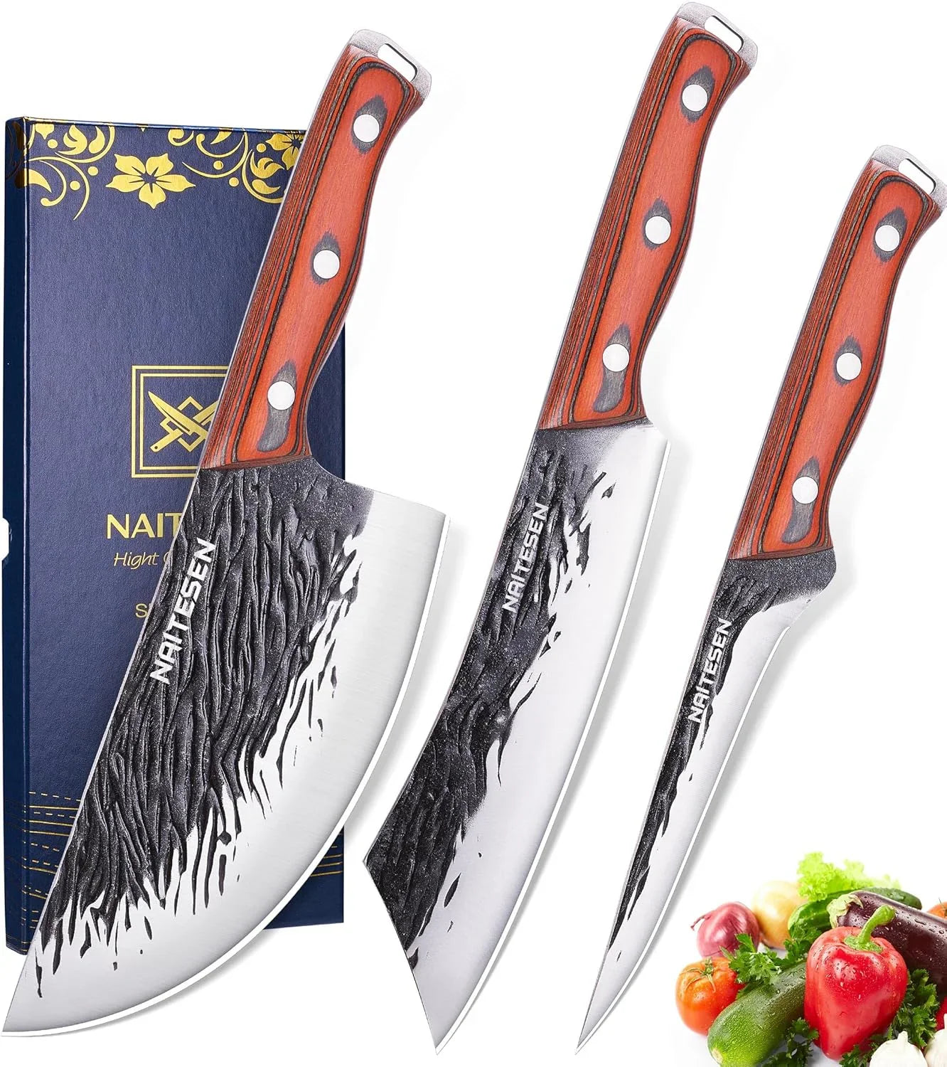 3PCS Hand Forged Butcher Knife Set, Very Sharp Meat Knife Serbian Chef Knife Boning Knife for Meat Cutting Kitchen Cooking BBQ Gifts for Men Father