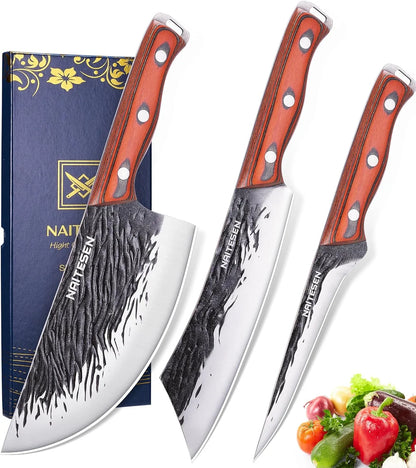 3PCS Hand Forged Butcher Knife Set, Very Sharp Meat Knife Serbian Chef Knife Boning Knife for Meat Cutting Kitchen Cooking BBQ Gifts for Men Father