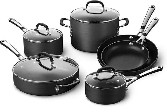 10-Piece Non-Stick Kitchen Cookware Set Black Pots & Pans with Stay-Cool Stainless Steel Handles Hard-Anodized Aluminum for Even Heating