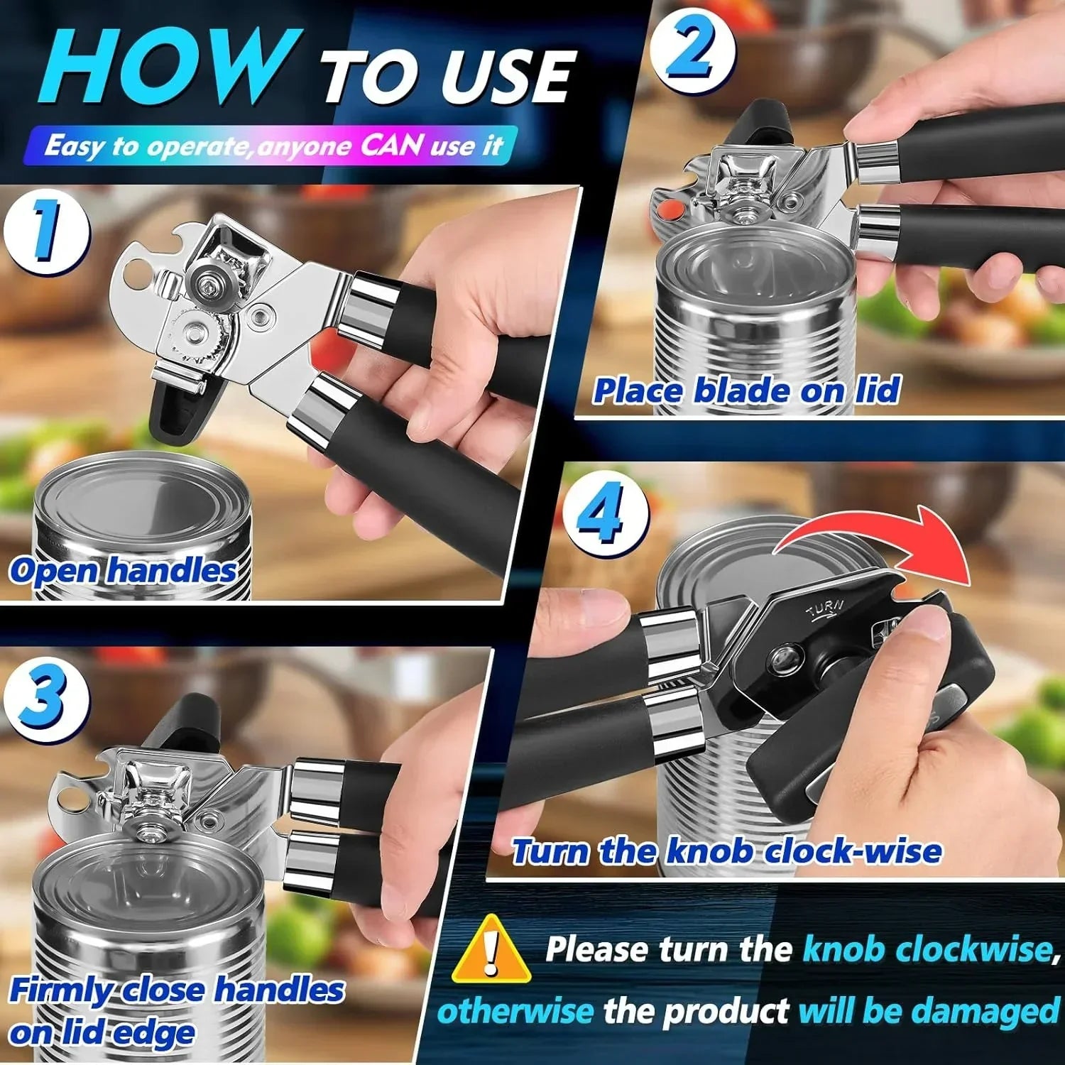 Easy-to-use can opener with step-by-step instructions for opening cans in kitchen