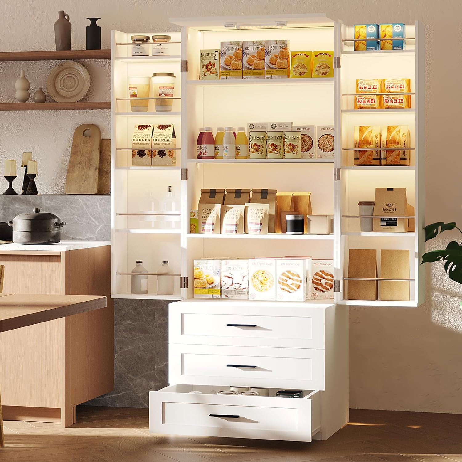 72" LED Kitchen Pantry Cabinet with 3 Drawers Farmhouse Tall Storage Cabinet Wood Food Pantry with Barn Doors and Adjustable Shelves Versatile Storage Freestanding Cupboard for Kitchen